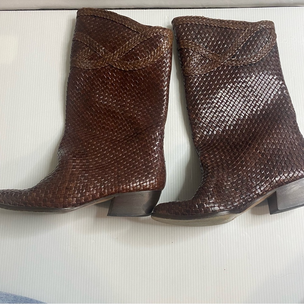 Sesto Meucci Woven Brown Leather Mid-Calf Women’s Boots Size 7M - Picture 2 of 13